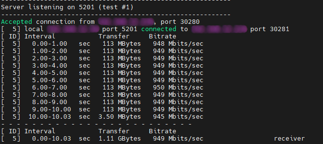 iperf3 server output showing gigabit throughput
